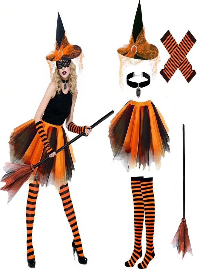 Shitailu Halloween Witch Costume for Women Adult Girls Gothic Cosplay-Outfit Set with Tutu Hat Broomstick Striped Socks Gloves Pendant, Halloween Orange, One size - Image 1