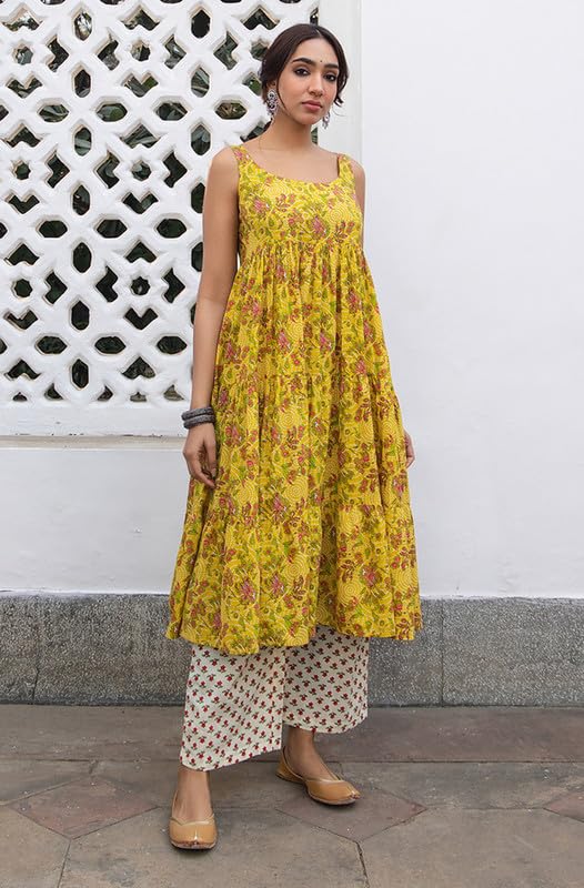 Janasya Mustard Pure Cotton Kurta & Pant Set for Women Floral Print Ethnic Wear (JAA24ST00262-XS) - Image 4