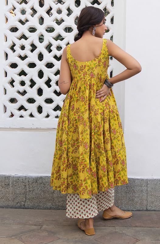 Janasya Mustard Pure Cotton Kurta & Pant Set for Women Floral Print Ethnic Wear (JAA24ST00262-XS) - Image 5