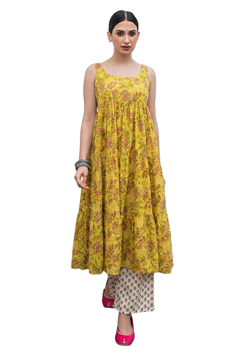 Janasya Mustard Pure Cotton Kurta & Pant Set for Women Floral Print Ethnic Wear (JAA24ST00262-XS) - Image 1