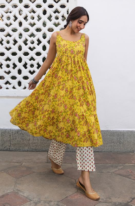 Janasya Mustard Pure Cotton Kurta & Pant Set for Women Floral Print Ethnic Wear (JAA24ST00262-XS) - Image 3