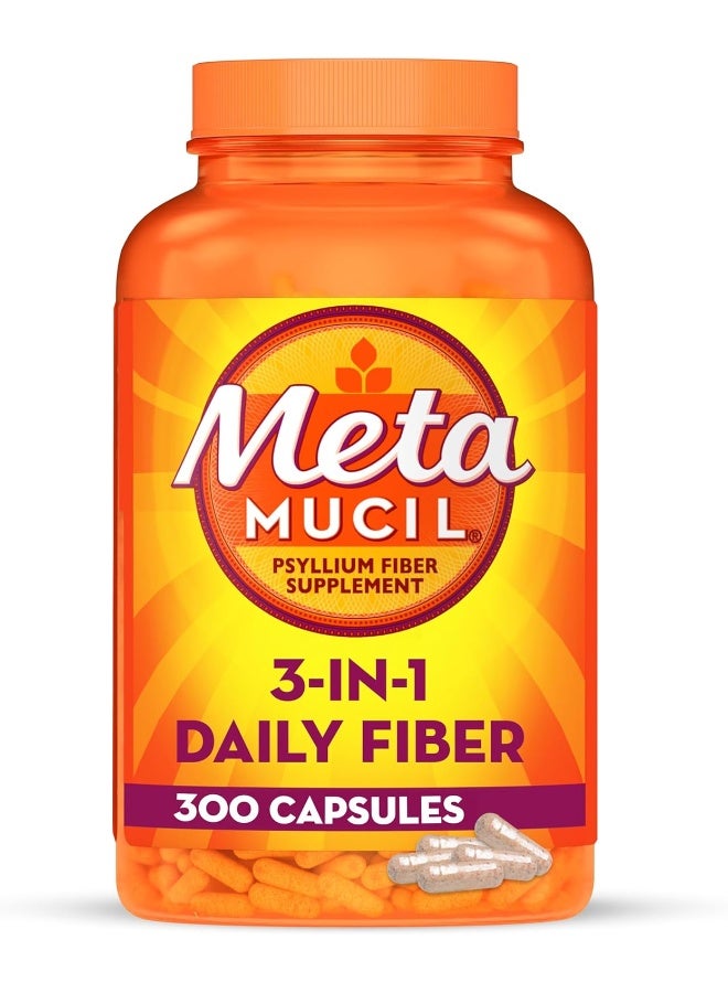 Metamucil, Daily Psyllium Husk Powder Supplement, 3-in-1 Fiber for Digestive Health, Plant Based Fiber, 300ct Capsules - Image 1