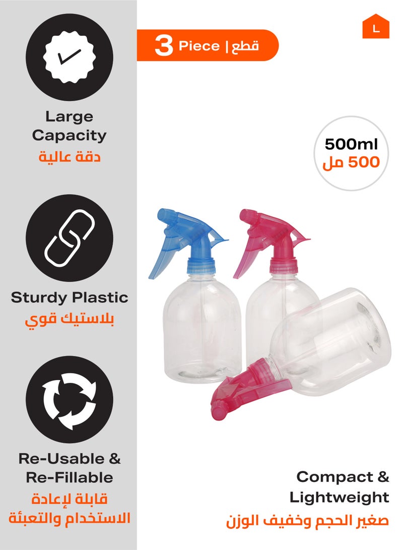 LAWAZIM Transparent Spray Kit - 500ml - Mix Color, 3-Piece - Adjustable Lockable Nozzles, Refillable Empty Plastic Spray Bottles for Cleaning, Gardening, Haircare, Disinfecting, DIY Projects Number 2 - Image 2