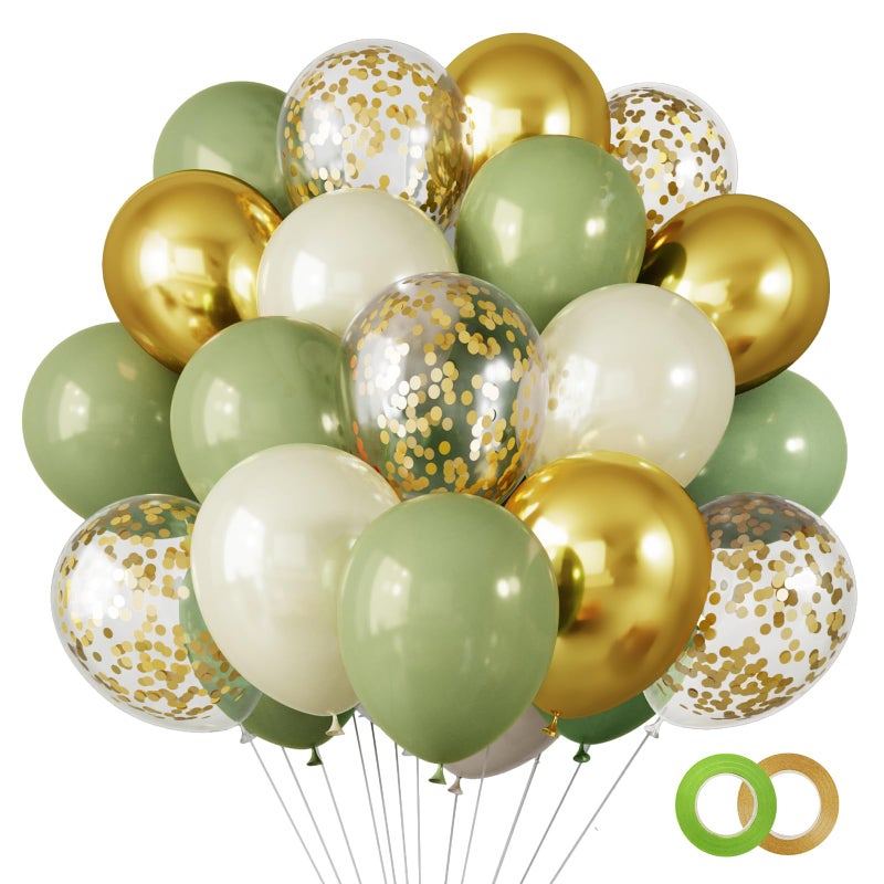 RUBFAC 65 Pcs 12 Inches Sage Green Gold Confetti Balloons Kit Green Gold Sand White Party Balloons with Ribbons for Tiana Birthday Wedding Baby Shower Graduation Eucalyptus Party Decorations