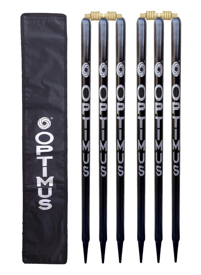 أوبتيموس مجموعة أوبتيموس® من 6 أعمدة خشبية للكريكيت، مقاس كامل (خشب أوكالبتوس ثقيل)، مع 4 حلقات تثبيت وغطاء تترون - أسود - Image 1