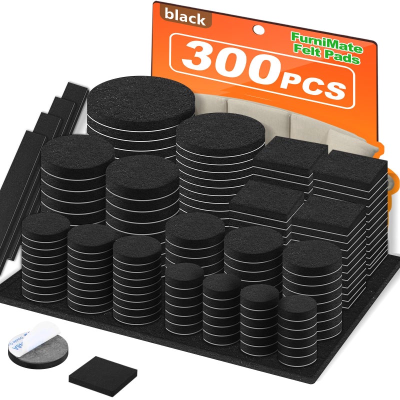 FURNIMATE Felt Furniture Pads 300 Pieces, Furniture Pads for Hardwood Floors, Felt Pads for Chair Legs Furniture, Floor Protectors for Furniture Black - Image 1