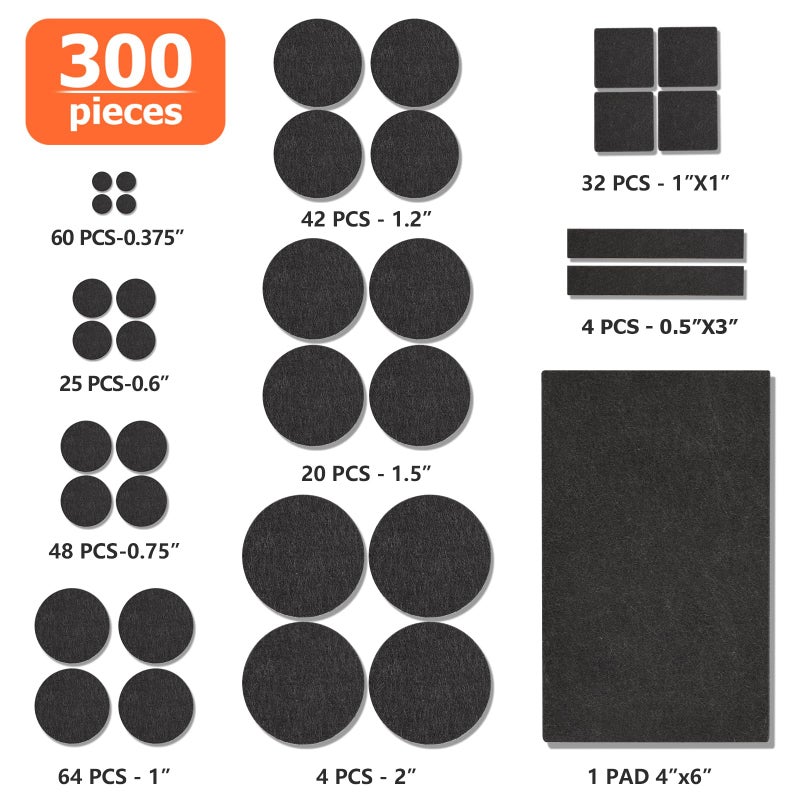 FURNIMATE Felt Furniture Pads 300 Pieces, Furniture Pads for Hardwood Floors, Felt Pads for Chair Legs Furniture, Floor Protectors for Furniture Black - Image 3
