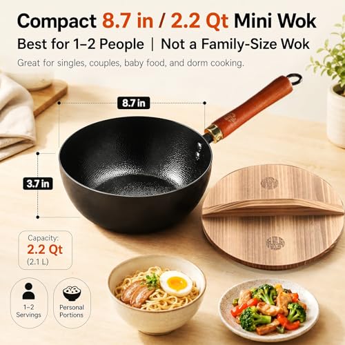 WANGYUANJI 87 Inch Carbon Steel Mini Wok with Wooden Lid Detachable Handle 22 Qt Small Wok Pan for 12 People Flat Bottom Uncoated Stir Fry Pan for Ramen Deep Frying Gas Induction - Image 3