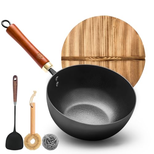 WANGYUANJI 87 Inch Carbon Steel Mini Wok with Wooden Lid Detachable Handle 22 Qt Small Wok Pan for 12 People Flat Bottom Uncoated Stir Fry Pan for Ramen Deep Frying Gas Induction - Image 1