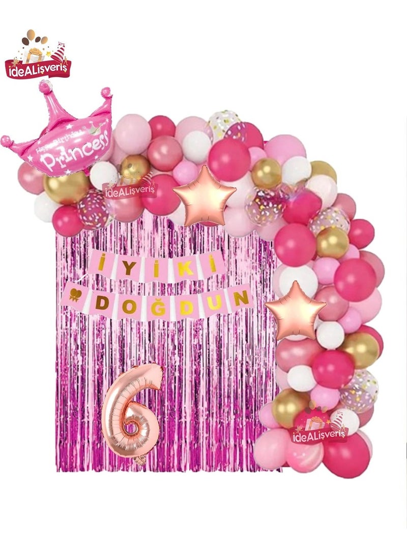 Store Starry Pink White Concept 6 Years Old Queen Crown Birthday Balloon Chain Set 
