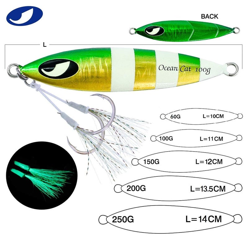 OCEAN CAT Jig Slow Pitch Jigging Fishing Lures Sinking Lead Metal Flat Jigs Jigging Baits with Hook for Saltwater Fishing 100G/150G/200G/250G (100g, Each Color 1 pc(All 5 pcs)) - Image 2