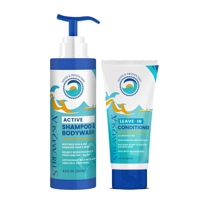 STREAM 2 SEA Ultimate Hair Care Combo, Natural, UV Absorbent Hair Conditioner and Shampoo, 3-in-1 Paraben-Free, Sulfate-Free, 6 oz Leave-in Conditioner and 8 oz Conditioning Shampoo & Body Wash - Image 1