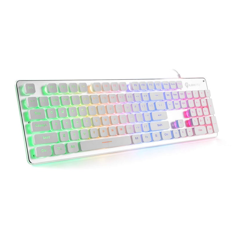 LANGTU Membrane Gaming Keyboard, Rainbow LED Backlit Quiet Keyboard for Office, USB Wired All-Metal Panel 25 Keys Anti-ghosting Computer Keyboard 104 Keys - L1 White/Silver - Image 1