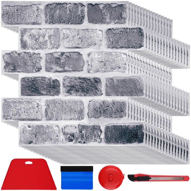 Tinideya 20 Pcs 3D Brick Wall Panel Peel and Stick Walls Panels 12" x 12" PVC Wall Panels with Installation Tools Suitable for Decorative Kitchens Living Rooms and Bedrooms (Gray) - Image 1