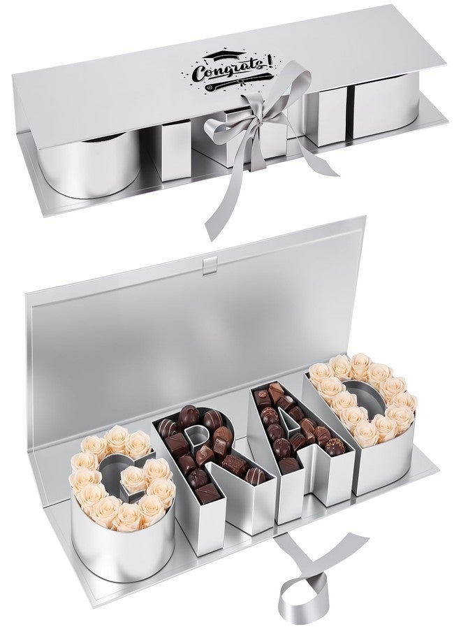 Trandraft Graduation Flower Gift Box Empty Grad Letter Large Flower Box with Ribbon Chocolate Rose Bouquet Package for Graduation Birthday Class Reunion Party Favor Supplies(Sliver,with Logo - Image 1
