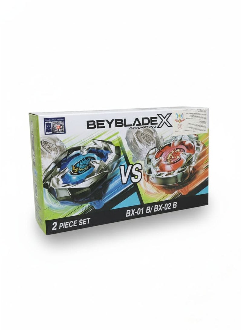 Beyblade X Set – BX-01B / BX-02B 🔹 Embark in a decisive battle between two of the most powerful Beyblades in one set! The set includes a blue Beyblade with a fast attack design and a red Beyblade with a fierce attack style, for a fun and exciting fighting experience!