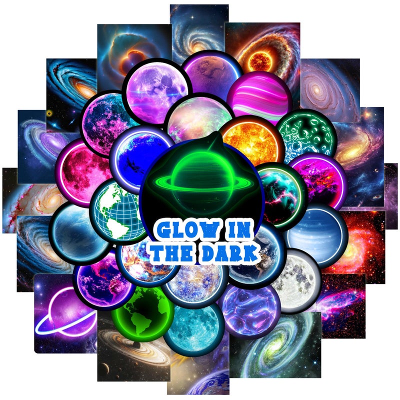 Robmoda Glow in The Dark Neon Planets Water Bottle Stickers for Kids, 70 PCS Vinyl Space Waterproof Decals for Laptop Phone Case, Solar System Decor for Adults Kids Girls Boys - Image 1