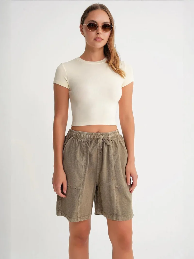 Mixray High Waist Cotton Drawstring Mini Shorts