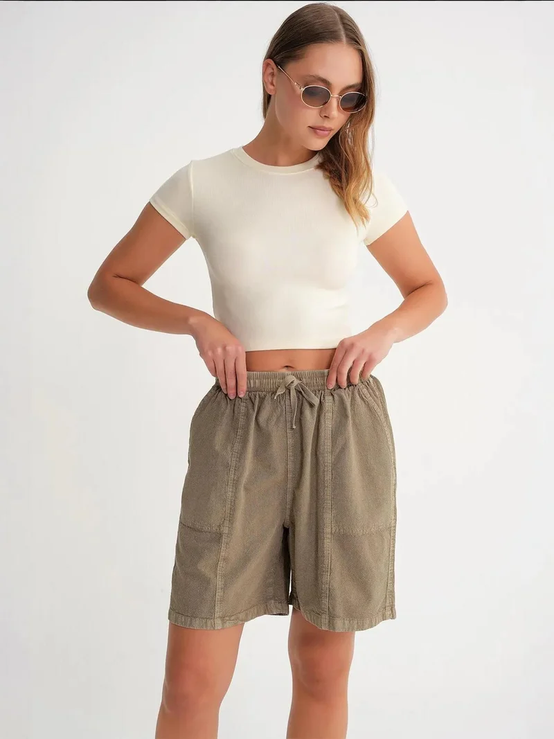 MixRay Beige Natural Mixray High Waist Cotton Drawstring Mini Shorts for Women | Best Price UAE