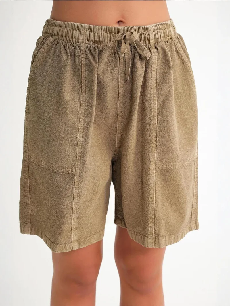MixRay Beige Natural Mixray High Waist Cotton Drawstring Mini Shorts for Women | Best Price UAE