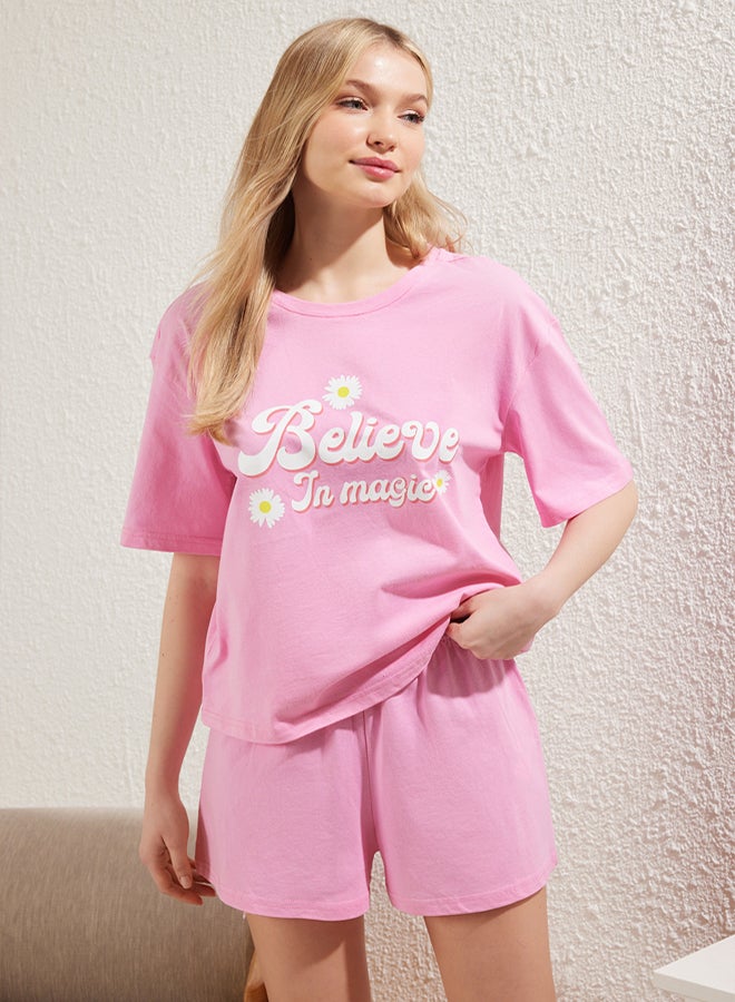 trendyol Pink % Cotton Knitted Pajama Set with Slogan Shorts - Image 1