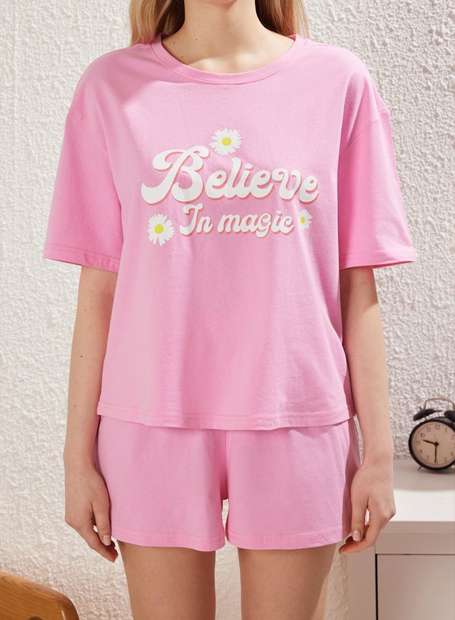 trendyol Pink % Cotton Knitted Pajama Set with Slogan Shorts - Image 3