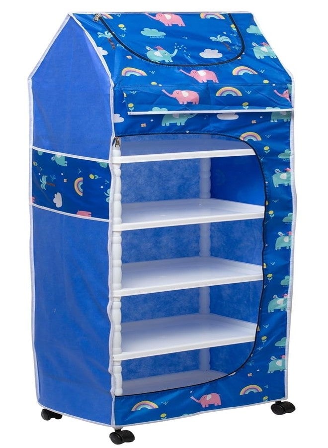 Bagnizer Baby Wardrobe Plastic Kids Storage Rack with Fabric Cover & Wheels | 6-Tier Plastic Shelves Organizer | Toy, Book & Clothes Storage Cabinet for Kids Room (Elephant) - Image 4