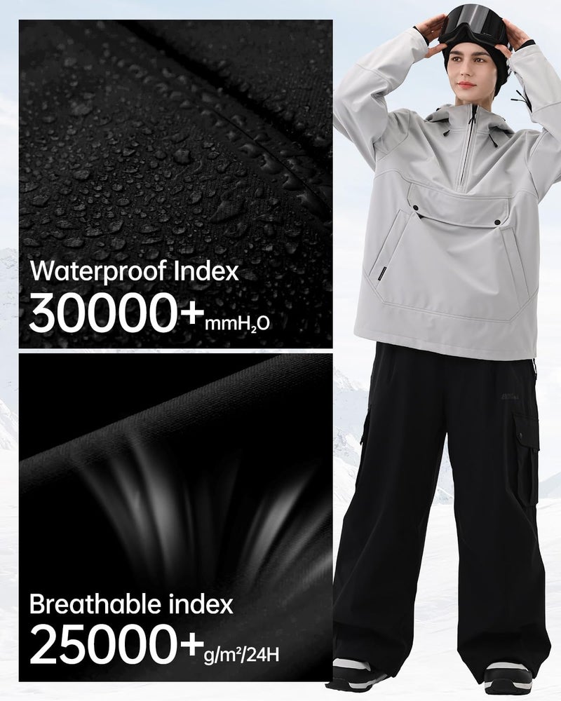 HIGH EXPERIENCE Ski Hoodie Snowboard Pullover Jacket Snow Anarok Baggy Waterproof Windproof Insulated for Women Men (US, Alpha, Medium, Regular, Regular, Light Gray) - Image 4