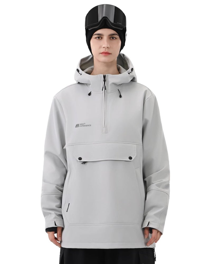 HIGH EXPERIENCE Ski Hoodie Snowboard Pullover Jacket Snow Anarok Baggy Waterproof Windproof Insulated for Women Men (US, Alpha, Medium, Regular, Regular, Light Gray) - Image 1