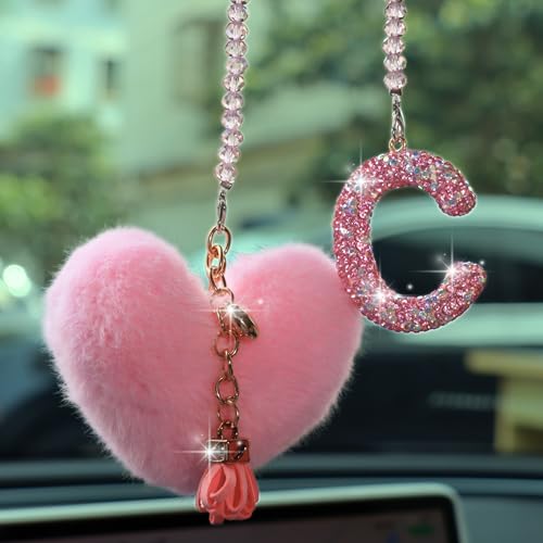 MOTOFITOOL Bling Pink Car Accessories for Women Letter Charm, Rainbow Color Rear View Mirror Cute Crystal Pendant Car Decorations, Lucky Gifts Diamond Rhinestone Charm Interior (C, Tassel Heart) - Image 4