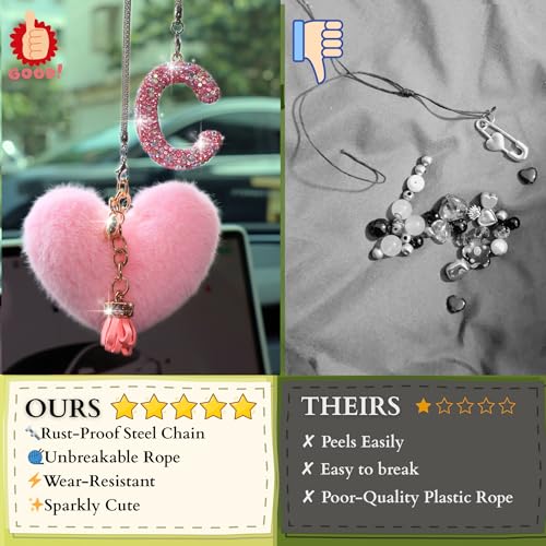 MOTOFITOOL Bling Pink Car Accessories for Women Letter Charm, Rainbow Color Rear View Mirror Cute Crystal Pendant Car Decorations, Lucky Gifts Diamond Rhinestone Charm Interior (C, Tassel Heart) - Image 3