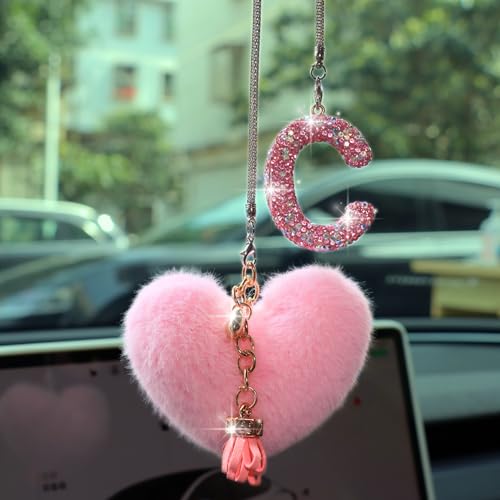MOTOFITOOL Bling Pink Car Accessories for Women Letter Charm, Rainbow Color Rear View Mirror Cute Crystal Pendant Car Decorations, Lucky Gifts Diamond Rhinestone Charm Interior (C, Tassel Heart) - Image 1