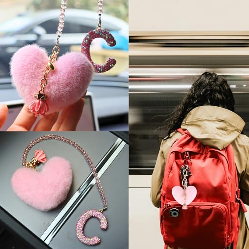 MOTOFITOOL Bling Pink Car Accessories for Women Letter Charm, Rainbow Color Rear View Mirror Cute Crystal Pendant Car Decorations, Lucky Gifts Diamond Rhinestone Charm Interior (C, Tassel Heart) - Image 5