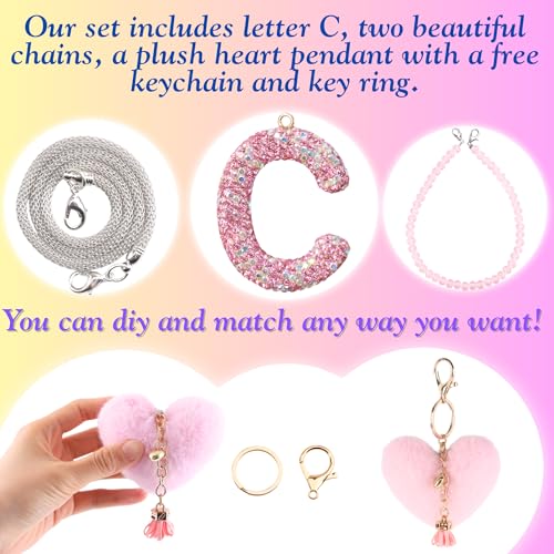 MOTOFITOOL Bling Pink Car Accessories for Women Letter Charm, Rainbow Color Rear View Mirror Cute Crystal Pendant Car Decorations, Lucky Gifts Diamond Rhinestone Charm Interior (C, Tassel Heart) - Image 2