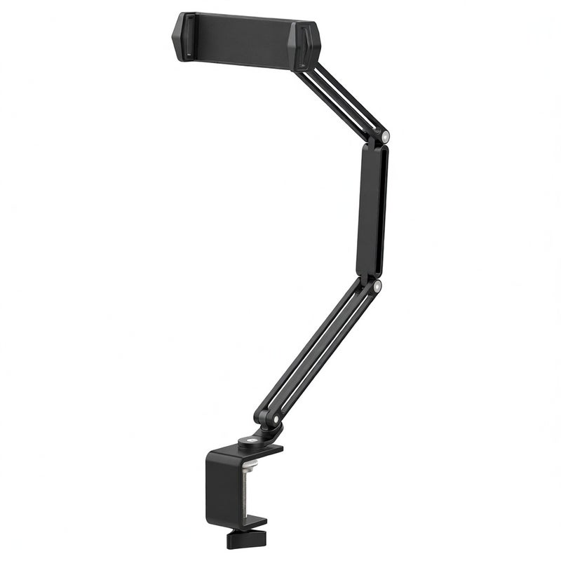 Desk Mount Phone Stand: Black Aluminum Alloy C-clamp Design - 360° Rotatable Adjustable Angle Retractable Holder for Vlog, Live Streaming, Online Teaching, Video Conference - Image 1