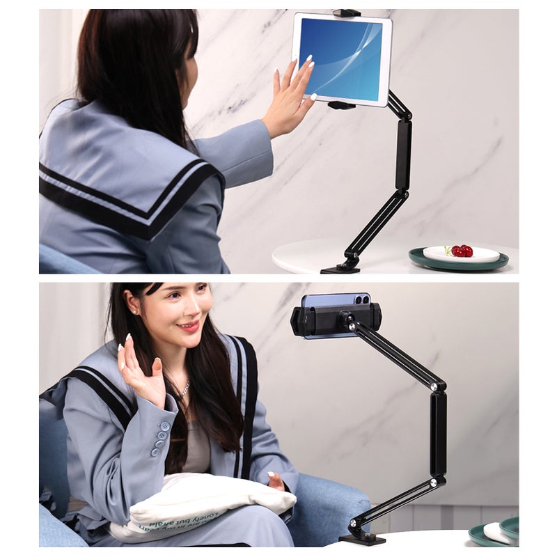 Desk Mount Phone Stand: Black Aluminum Alloy C-clamp Design - 360° Rotatable Adjustable Angle Retractable Holder for Vlog, Live Streaming, Online Teaching, Video Conference - Image 3