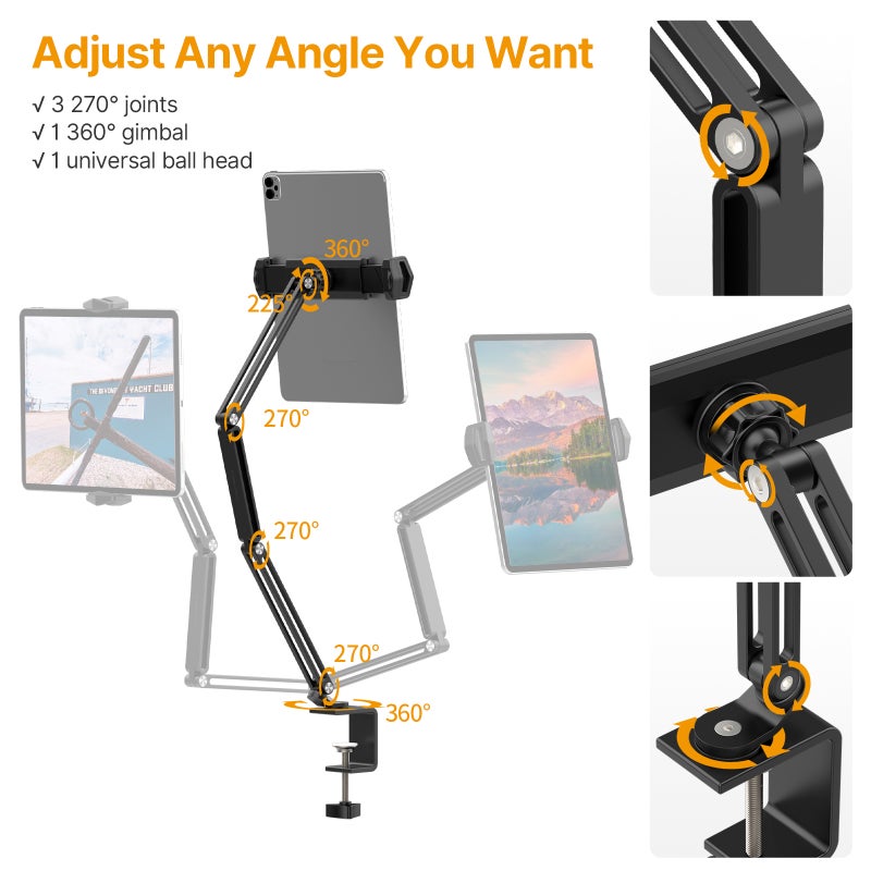 Desk Mount Phone Stand: Black Aluminum Alloy C-clamp Design - 360° Rotatable Adjustable Angle Retractable Holder for Vlog, Live Streaming, Online Teaching, Video Conference - Image 2
