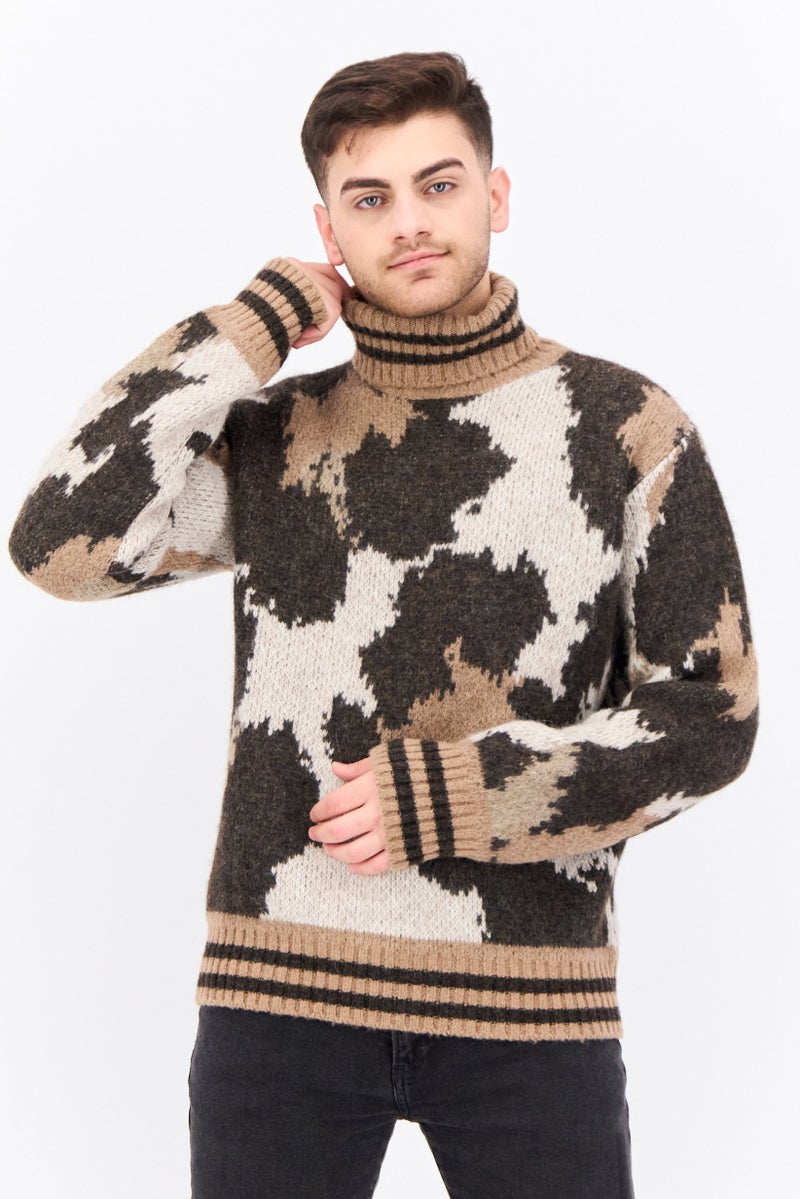 GANT Men Turtle Neck Animal Pattern Sweater, Brown - Image 1
