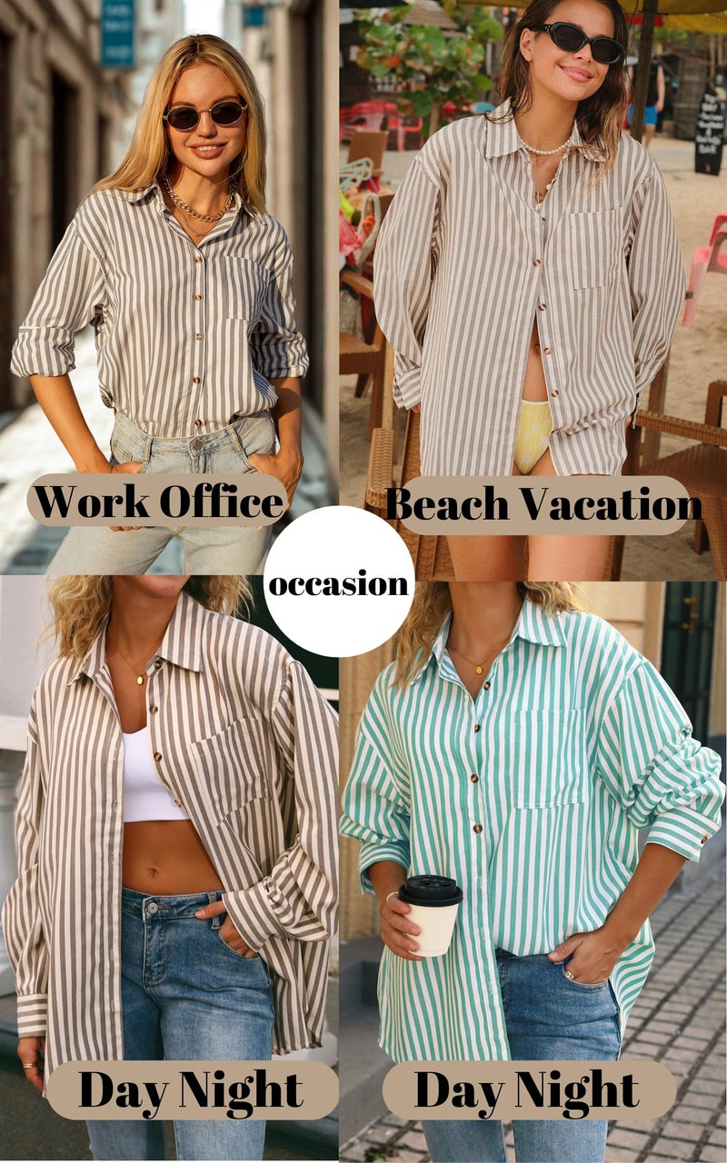 CHYRII Womens Striped Button Down Shirt Casual Long Sleeve Blouse Top Tan L - Image 4