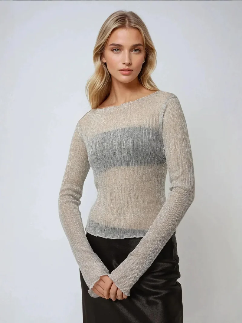 HICCUP Textured Crew Neck Glitter Fitted Blouse