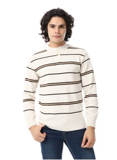 Andora Crew Neck Buttons Closure Striped Sweater _ Beige & Brown  - Image 1