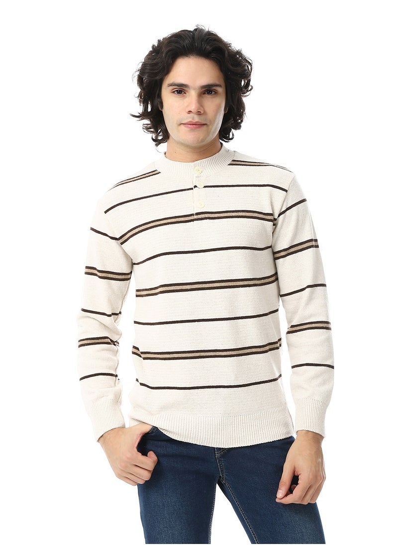 Andora - Crew Neck Buttons Closure Striped Sweater _ Beige & Brown - Image 1