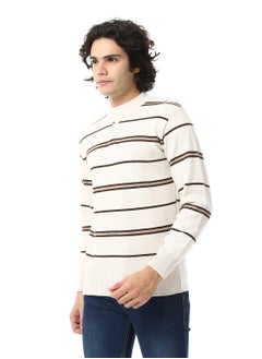 Andora Crew Neck Buttons Closure Striped Sweater _ Beige & Brown  - Image 2