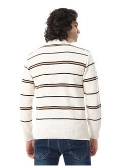 Andora Crew Neck Buttons Closure Striped Sweater _ Beige & Brown  - Image 3