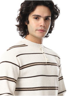 Andora Crew Neck Buttons Closure Striped Sweater _ Beige & Brown  - Image 4