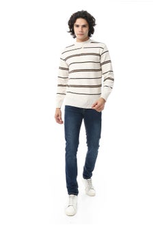 Andora Crew Neck Buttons Closure Striped Sweater _ Beige & Brown  - Image 5