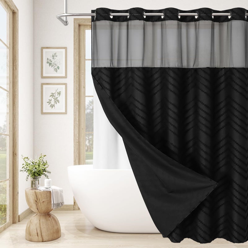 Craidlela No Hooks Boho Black Shower Curtain Set with Snap-in Liner, Farmhouse Woven Fabric Tufted Chevron Striped Textured Shower Curtain, Modern Style with See Through Window 72 x 74 - Image 1