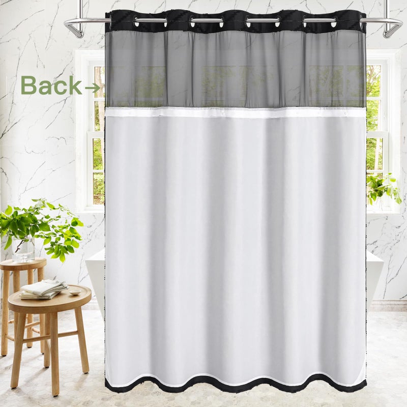 Craidlela No Hooks Boho Black Shower Curtain Set with Snap-in Liner, Farmhouse Woven Fabric Tufted Chevron Striped Textured Shower Curtain, Modern Style with See Through Window 72 x 74 - Image 3