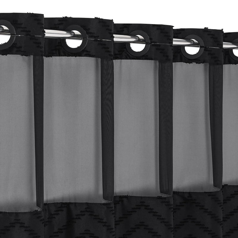 Craidlela No Hooks Boho Black Shower Curtain Set with Snap-in Liner, Farmhouse Woven Fabric Tufted Chevron Striped Textured Shower Curtain, Modern Style with See Through Window 72 x 74 - Image 5
