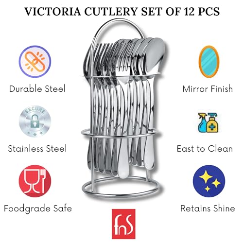 FNS Victoria Stainless Steel - 12 PCs Cutlery Set, 6 Dinner Spoons, 6 Dinner Forks, 1 Cutlery Hanging Stand, Elegant Design, Durable Stainless Steel, Ideal for Home, Dining, Kitchen Use, Silver Finish - Image 2